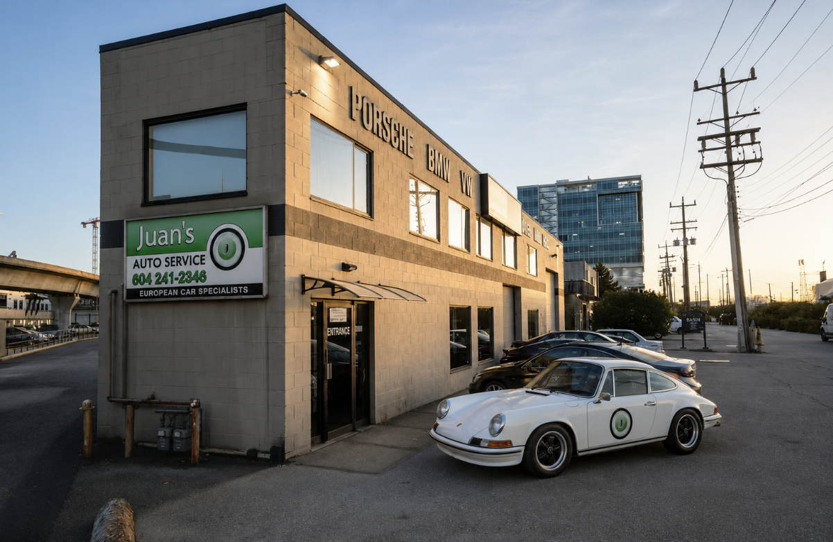 Juan's Auto Service Exterior with Classic Porsche 911
